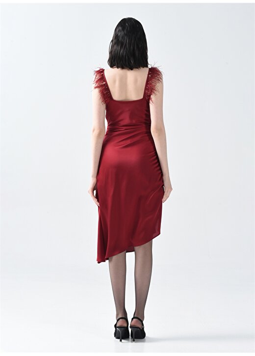 Pierre Cardin Degaje Yaka Kırmızı Diz Altı Kadın Büzgülü Saten Elbise LALIB 4