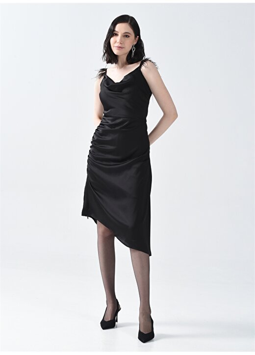 Pierre Cardin Degaje Yaka Siyah Diz Altı Kadın Büzgülü Saten Elbise LALIB 1