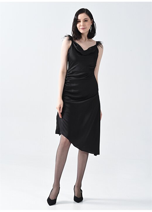 Pierre Cardin Degaje Yaka Siyah Diz Altı Kadın Büzgülü Saten Elbise LALIB 2