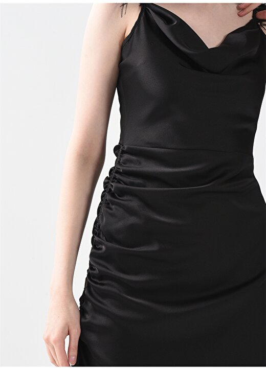 Pierre Cardin Degaje Yaka Siyah Diz Altı Kadın Büzgülü Saten Elbise LALIB 3