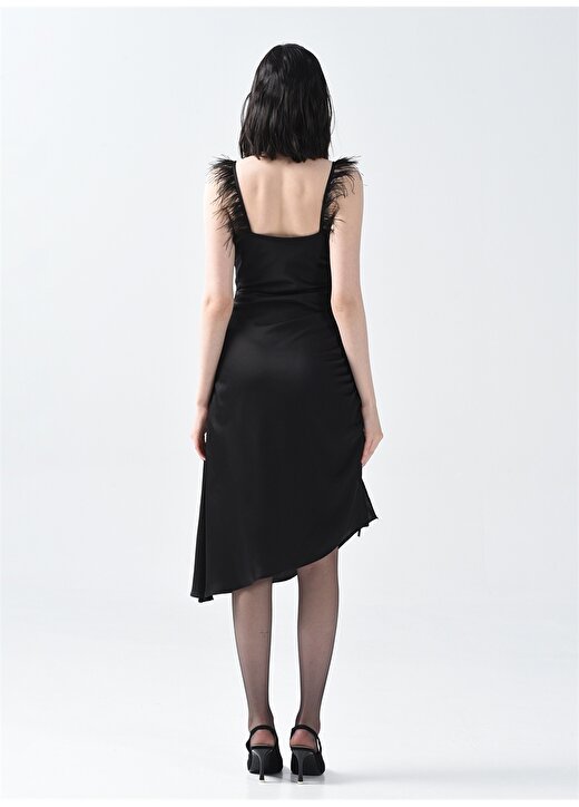 Pierre Cardin Degaje Yaka Siyah Diz Altı Kadın Büzgülü Saten Elbise LALIB 4