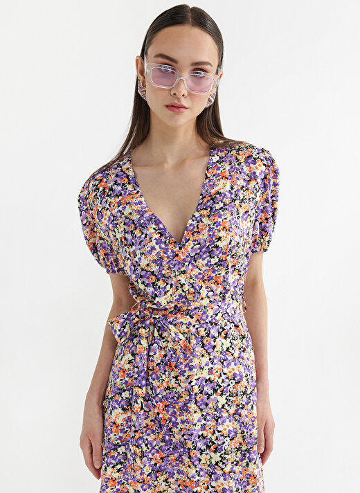 Fabrika Kruvaze Yaka Çiçek Desenli Çok Renkli Mini Kadın Elbise EMMA-2 3