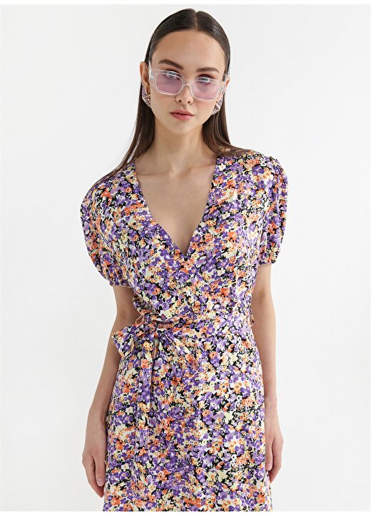 Fabrika Kruvaze Yaka Çiçek Desenli Çok Renkli Mini Kadın Elbise EMMA-2 3