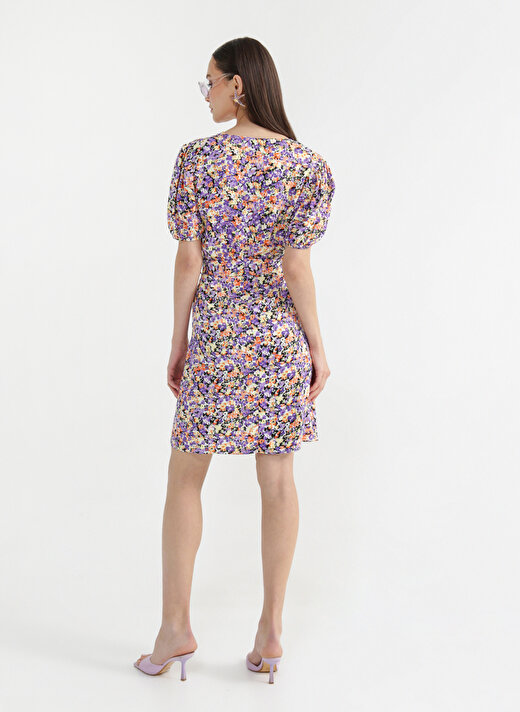 Fabrika Kruvaze Yaka Çiçek Desenli Çok Renkli Mini Kadın Elbise EMMA-2 4