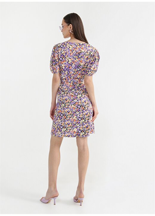 Fabrika Kruvaze Yaka Çiçek Desenli Çok Renkli Mini Kadın Elbise EMMA-2 4