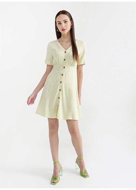 Fabrika V Yaka Leopar Desenli Sarı - Yeşil Mini Kadın Elbise TORO-Y4 2