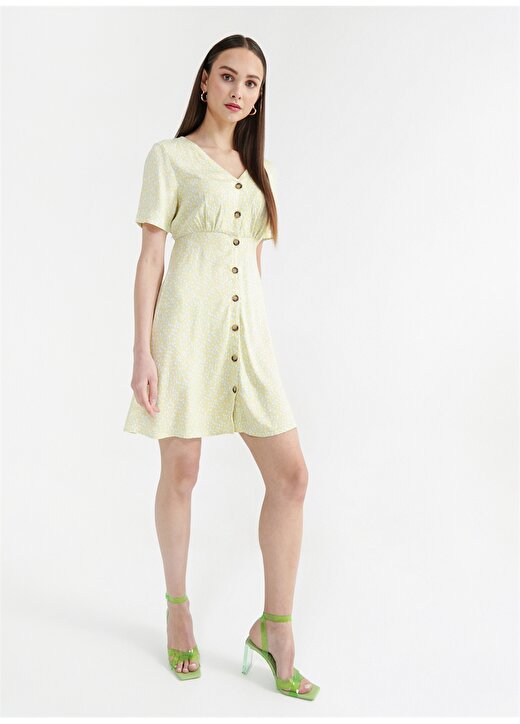 Fabrika V Yaka Leopar Desenli Sarı - Yeşil Mini Kadın Elbise TORO-Y4 3