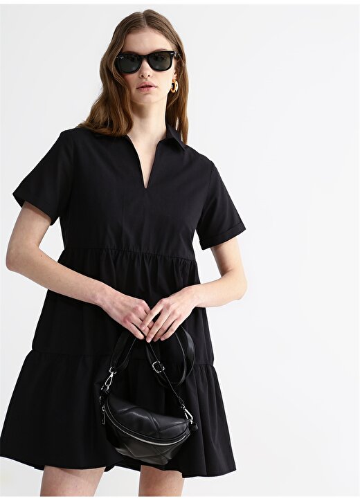 Aeropostale Gömlek Yaka Düz Siyah Mini Kadın Elbise ISABEL-Y 2