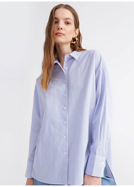 Fabrika Oversize Gömlek Yaka Çizgili Mavi - Beyaz Kadın Gömlek NADI-Y 1