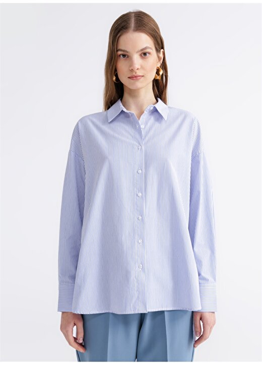 Fabrika Oversize Gömlek Yaka Çizgili Mavi - Beyaz Kadın Gömlek NADI-Y 3