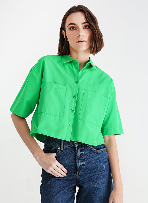 Aeropostale Crop Gömlek Yaka Düz Yeşil Kadın Gömlek ROBINSON-Y 1