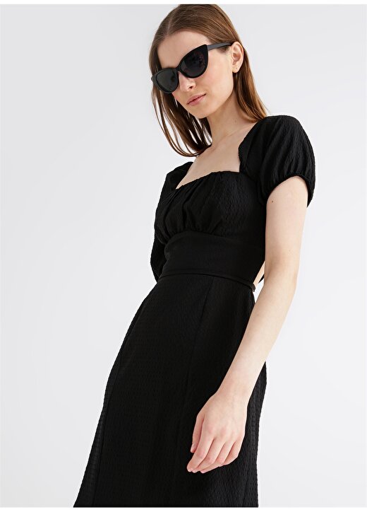 Fabrika Siyah Kadın Karpuz Kollu Mini Basic Armürlü Kare Yaka Elbise LELI 2
