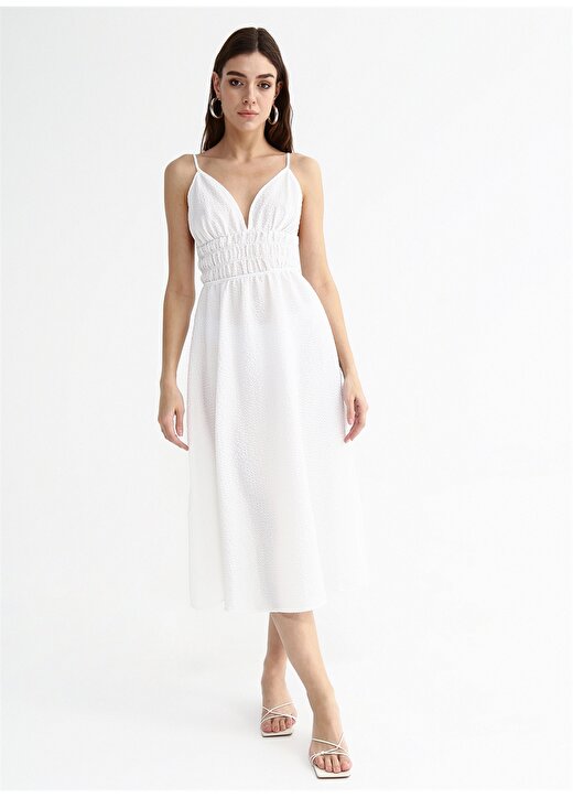 Fabrika Beyaz Kadın V Yaka Askılı Midi Basic Armürlü Büzgülü Elbise ROHAN-Y 3