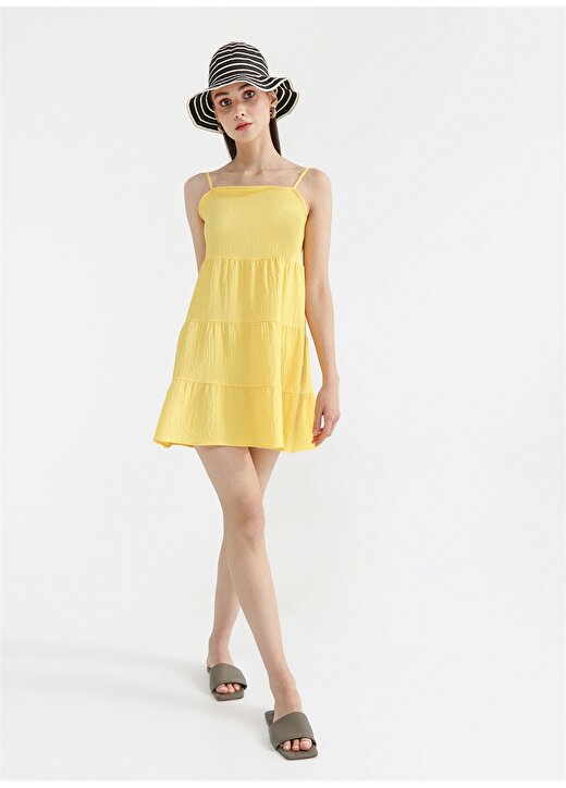 Fabrika Sarı Kadın Askılı Mini Geniş Fit Armürlü Kare Yaka Elbise NASU 1