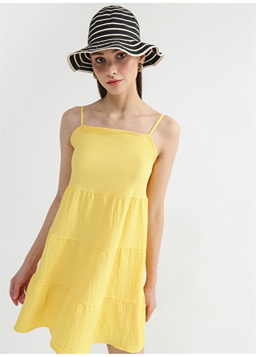 Fabrika Sarı Kadın Askılı Mini Geniş Fit Armürlü Kare Yaka Elbise NASU 2