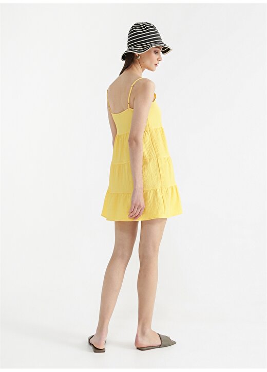 Fabrika Sarı Kadın Askılı Mini Geniş Fit Armürlü Kare Yaka Elbise NASU 4