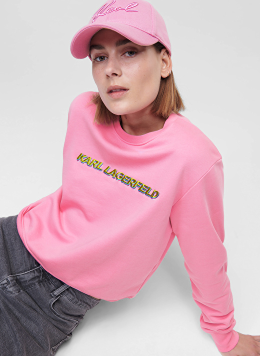 KARL LAGERFELD Bisiklet Yaka   Baskılı Pembe Kadın Sweatshirt 225W1804 2