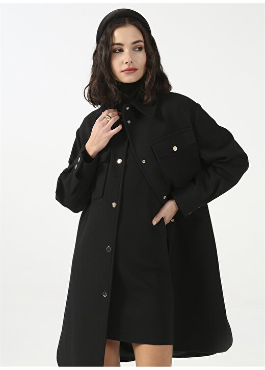 P By Paltoı Siyah Gömlek Yaka Kadın Düz Yün Kaşe Kaban 2