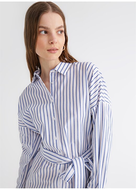 Fabrika Mavi - Beyaz Kadın Gömlek Yaka Geniş Fit Çizgili Yazlık Uzun Elbise OLDER 2