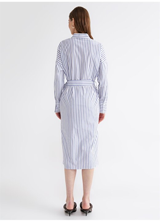 Fabrika Mavi - Beyaz Kadın Gömlek Yaka Geniş Fit Çizgili Yazlık Uzun Elbise OLDER 4