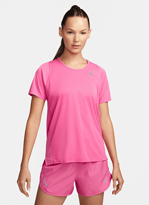 Nike Bisiklet Yaka Düz Kırmızı - Pembe Kadın T-Shirt DD5927-684 W NK DF RACE TOP SS 1