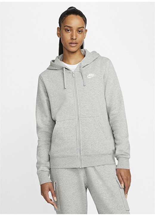Nike Siyah - Gri - Gümüş Kadın Kapüşonlu Zip Ceket DQ5471-063 W CLUB FLC FZ HOODIE STD 2