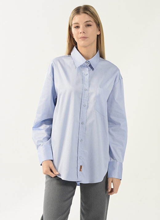 Denim Trip Gömlek Yaka Düz Mavi Kadın Gömlek DT10060-1 MAVİ 1