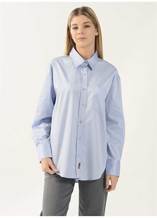 Denim Trip Gömlek Yaka Düz Mavi Kadın Gömlek DT10060-1 MAVİ 1
