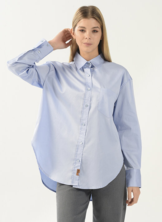 Denim Trip Gömlek Yaka Düz Mavi Kadın Gömlek DT10060-1 MAVİ 2