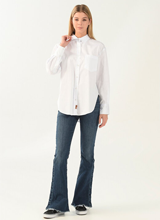 Denim Trip Gömlek Yaka Düz Beyaz Kadın Gömlek DT10060-2 BEYAZ 2