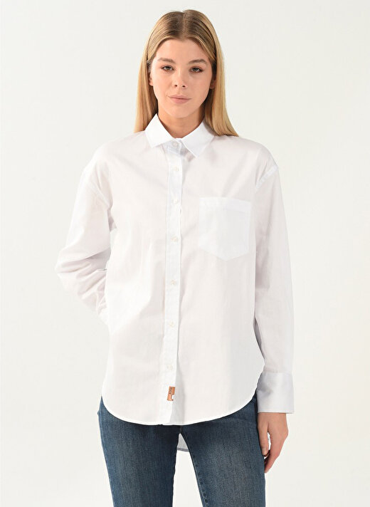 Denim Trip Gömlek Yaka Düz Beyaz Kadın Gömlek DT10060-2 BEYAZ 3