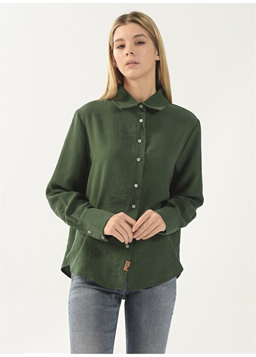 Denim Trip Gömlek Yaka Düz Yeşil Kadın Gömlek DT10059-1 YEŞİL 2