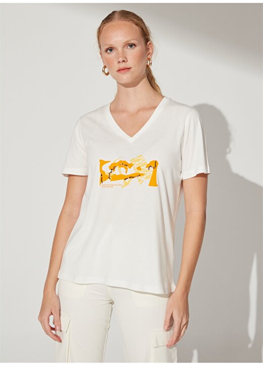 Fabrika Comfort V Yaka Payetli Beyaz Kadın T-Shirt CM-JIVE 1