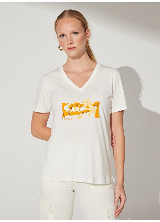 Fabrika Comfort V Yaka Payetli Beyaz Kadın T-Shirt CM-JIVE 2