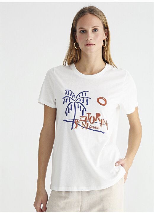 Fabrika Comfort Bisiklet Yaka Nakışlı Beyaz Kadın T-Shirt CM-VANCE 1