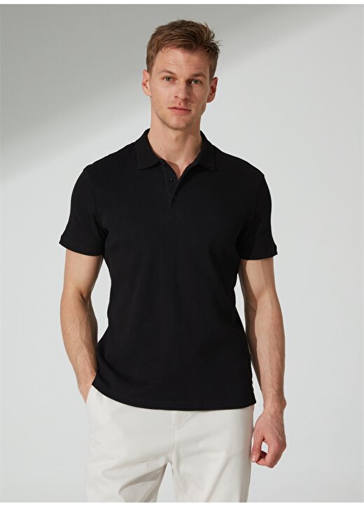 Fabrika Polo Yaka Düz Siyah Erkek T-Shirt STEVEN 2