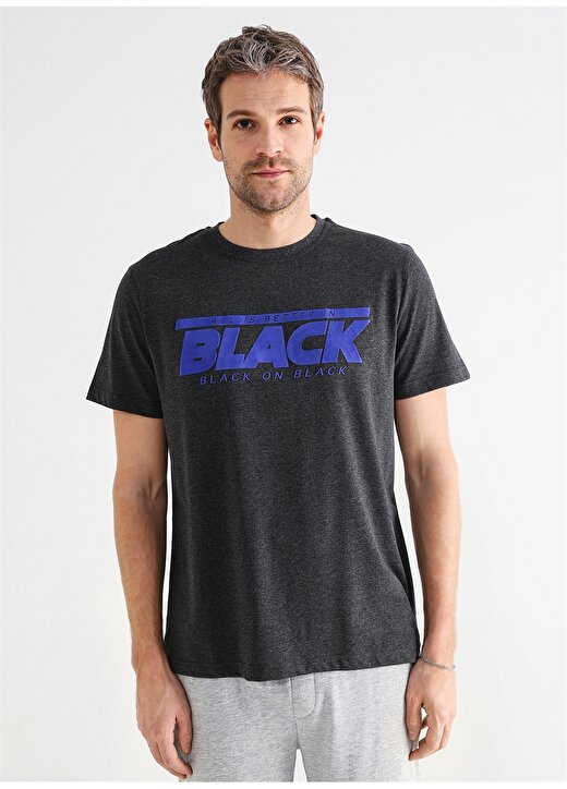 Black On Black Bisiklet Yaka Baskılı Antrasit Erkek T-Shirt E-YUSOI 3