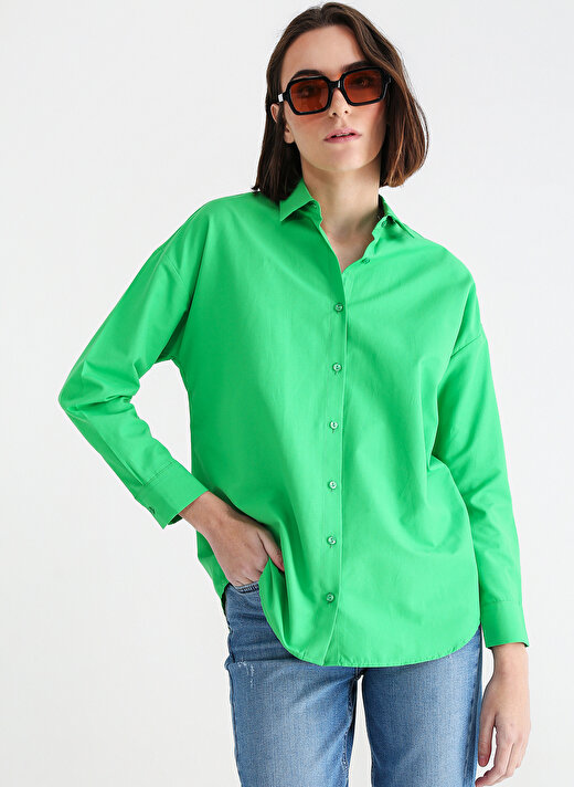 Aeropostale Oversize Gömlek Yaka Düz Yeşil Kadın Gömlek K-RONES 1