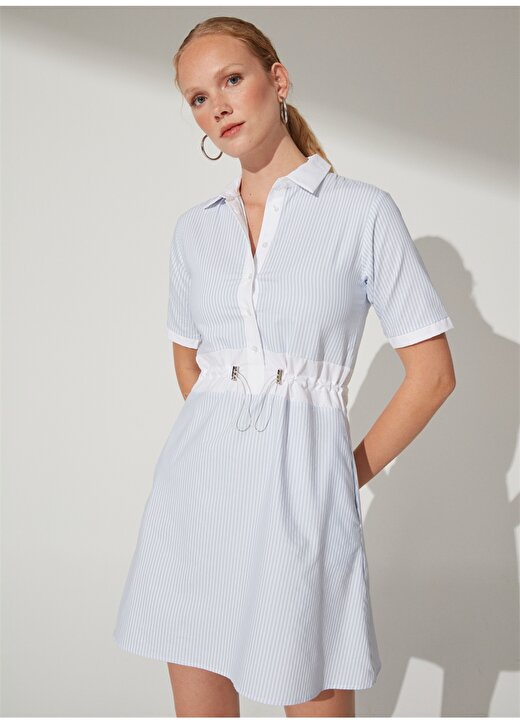Fabrika Gömlek Yaka Çizgili Mavi - Beyaz Mini Kadın Elbise NIDAS 2