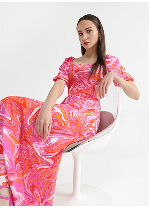 Fabrika Pembe - Çok Renkli Kadın Balon Kol Midi Basic Desenli Elbise MENDELE 1
