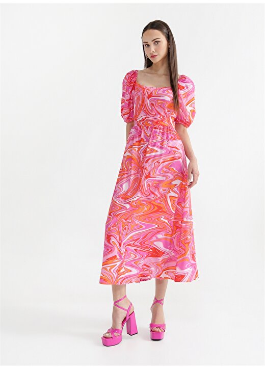 Fabrika Pembe - Çok Renkli Kadın Balon Kol Midi Basic Desenli Elbise MENDELE 2
