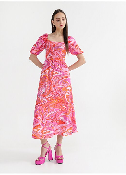 Fabrika Pembe - Çok Renkli Kadın Balon Kol Midi Basic Desenli Elbise MENDELE 3