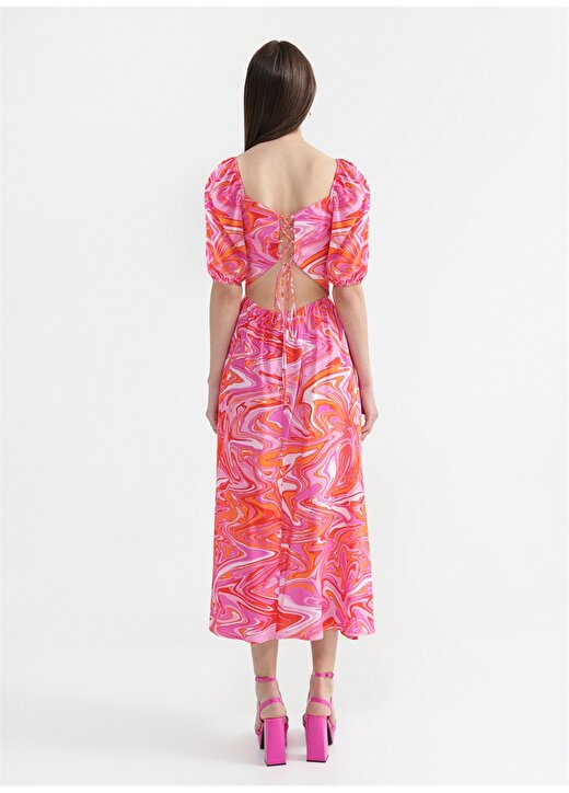 Fabrika Pembe - Çok Renkli Kadın Balon Kol Midi Basic Desenli Elbise MENDELE 4