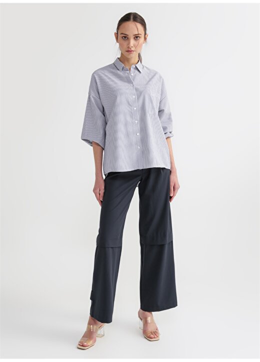 Fabrika Comfort Gömlek Yaka Çizgili Mavi - Beyaz Kadın Gömlek CM-LUNA 2