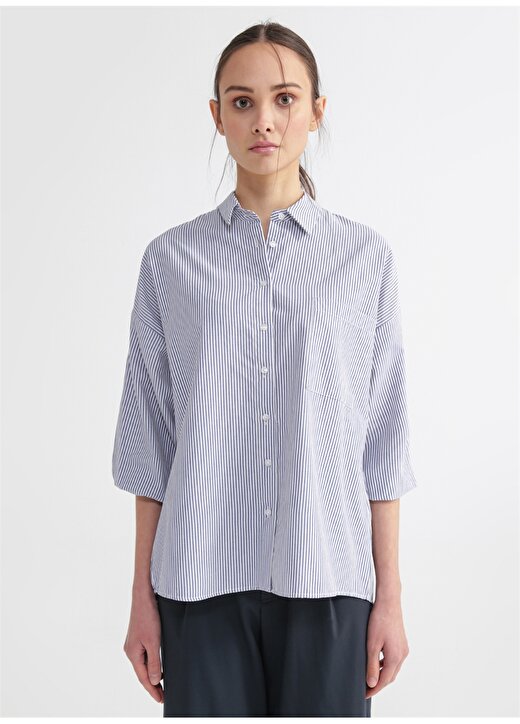 Fabrika Comfort Gömlek Yaka Çizgili Mavi - Beyaz Kadın Gömlek CM-LUNA 3