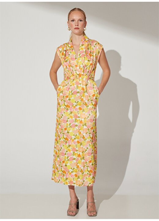 Fabrika Comfort V Yaka Desenli Çok Renkli Midi Kadın Elbise CM-LISIAN 1