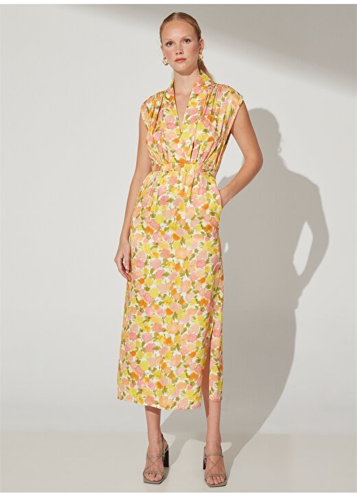 Fabrika Comfort V Yaka Desenli Çok Renkli Midi Kadın Elbise CM-LISIAN 2
