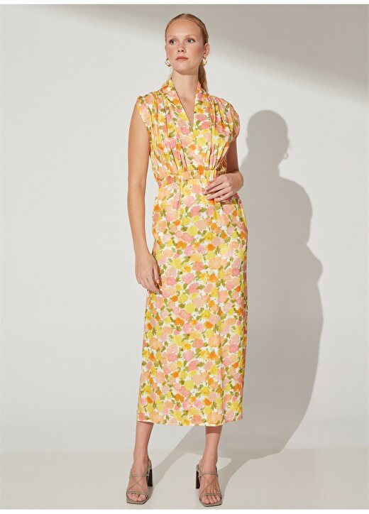 Fabrika Comfort V Yaka Desenli Çok Renkli Midi Kadın Elbise CM-LISIAN 3
