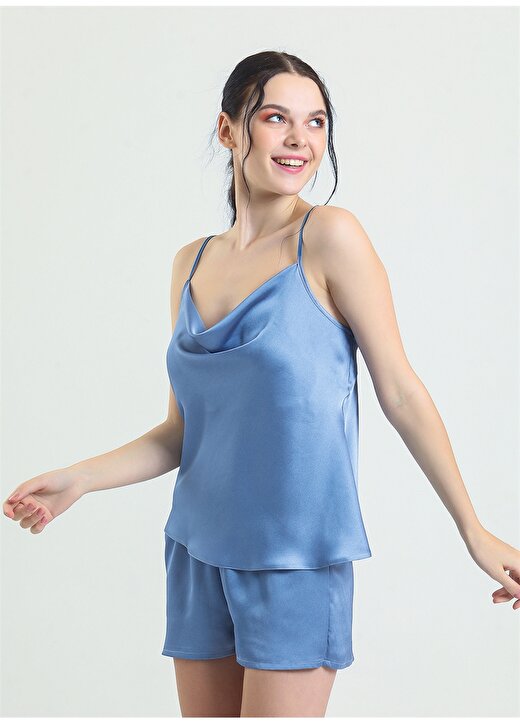 Magic Form Mavi Kadın Degaje Yaka Askılı Diz Üstü Saten Pijama Şort Takım 16790 1