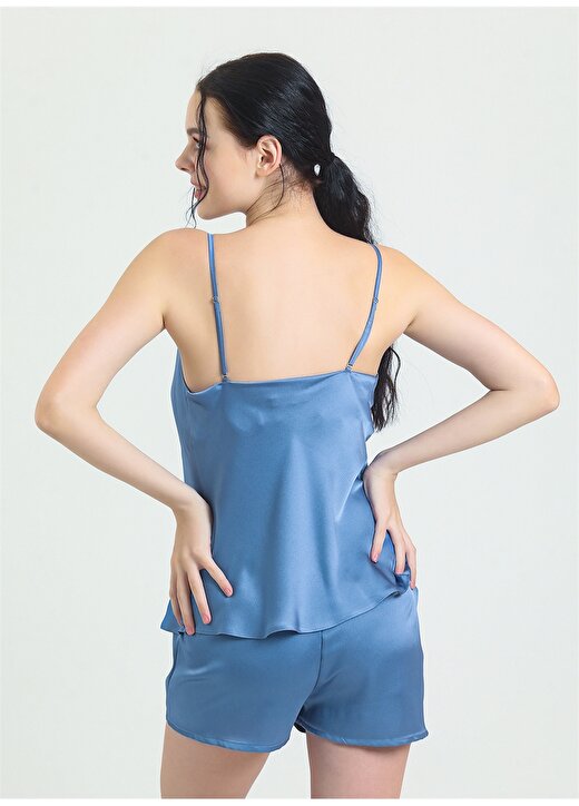 Magic Form Mavi Kadın Degaje Yaka Askılı Diz Üstü Saten Pijama Şort Takım 16790 3